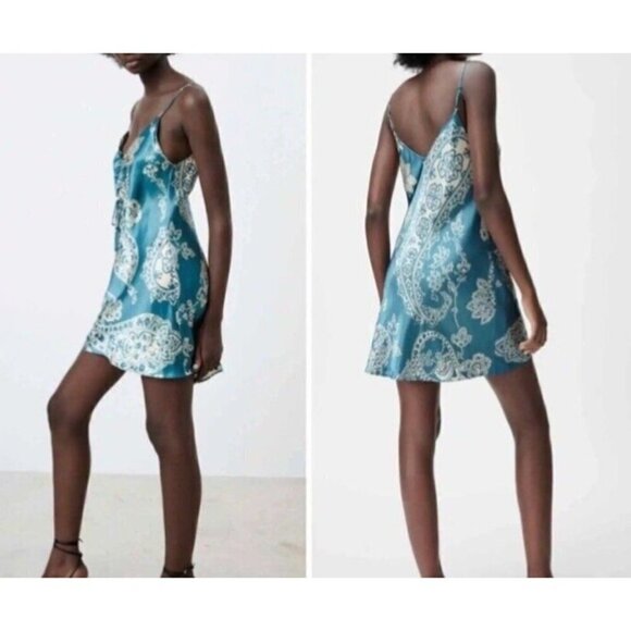 Zara Blue Cream Satin Effect Boho Paisley Print Slip Mini Dress Size XS - Picture 1 of 11